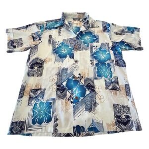 Likeke Fashions Hawaii Vintage Aloha Shirt Blue Abstract Floral‎ Geometric  XL